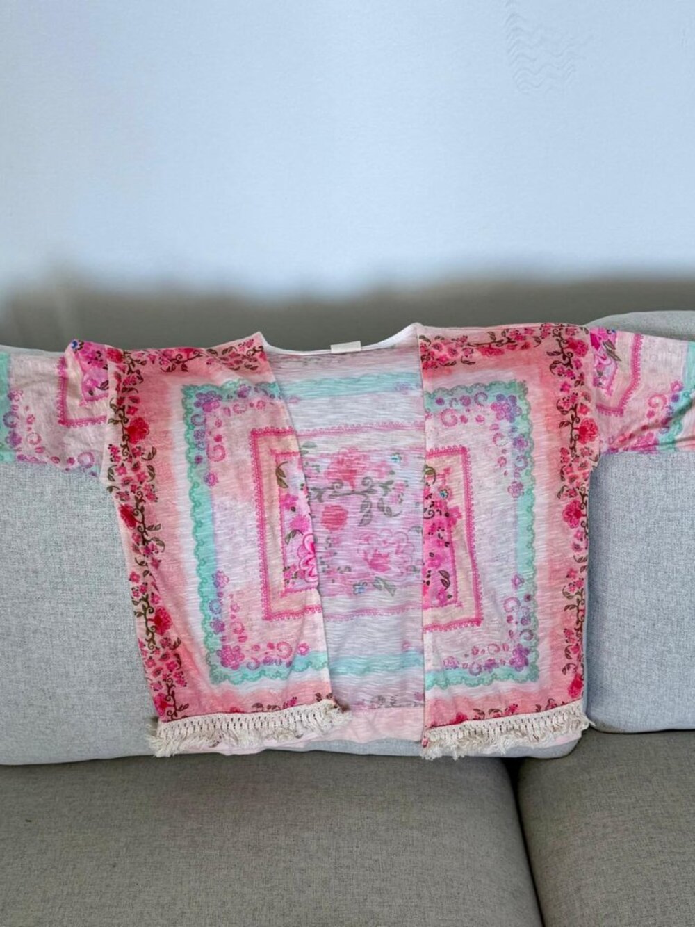 Zara Kids Floral Tile Print Fringe Kimono Beach Cover Up Pink Size 6Y